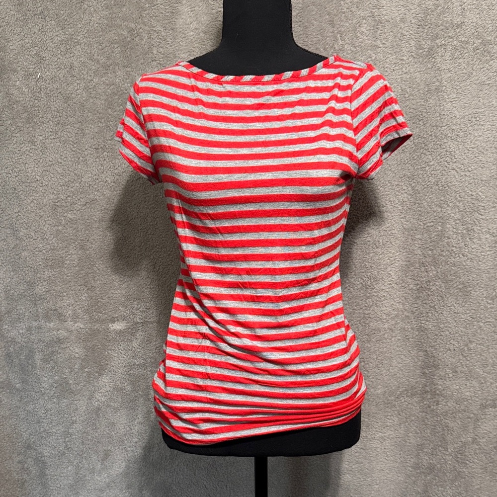 Green Envelope Red and Gray Striped Short Sleeve Tee